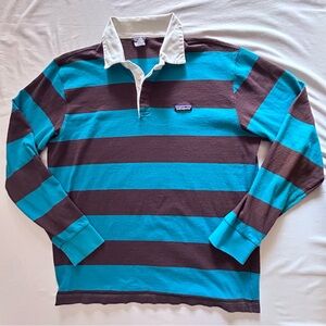 Patagonia Organic Cotton Rugby Shirt Mens L Blue Brown Striped Long Sleeve